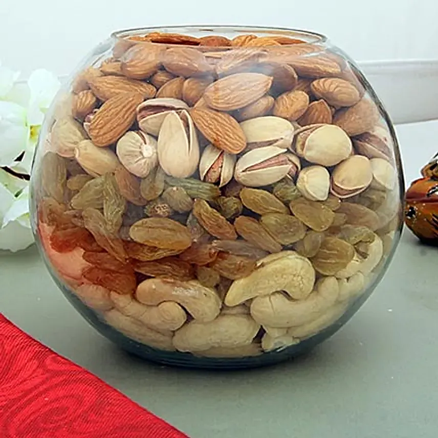 Mixed dry fruits in a glass bowl