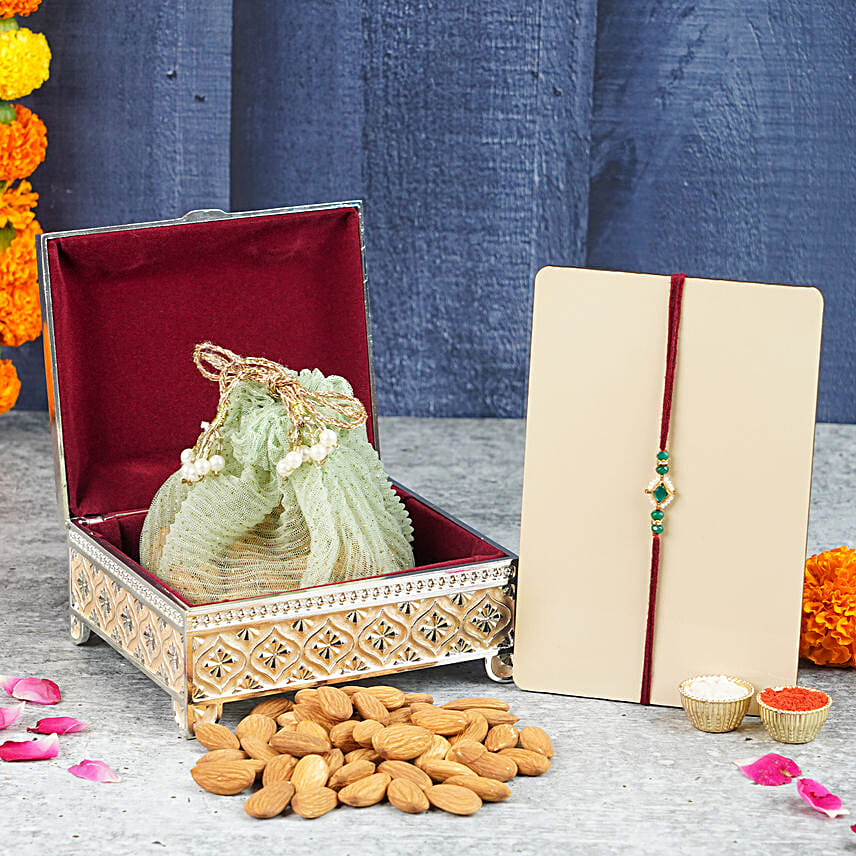 Panna Paheli Jadau Rakhi N Almonds Silver Box