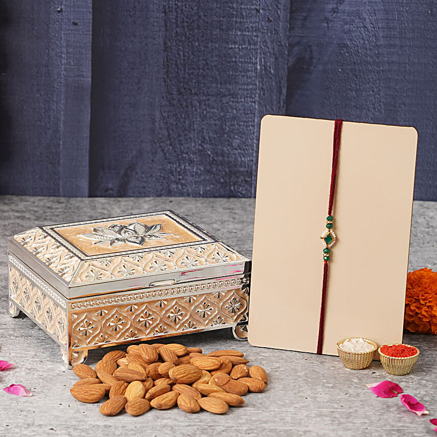 Panna Paheli Jadau Rakhi N Almonds Silver Box