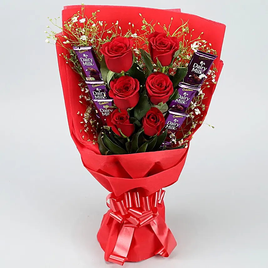 Passionate Red Roses Bouquet with Dairy Milk Chocolates