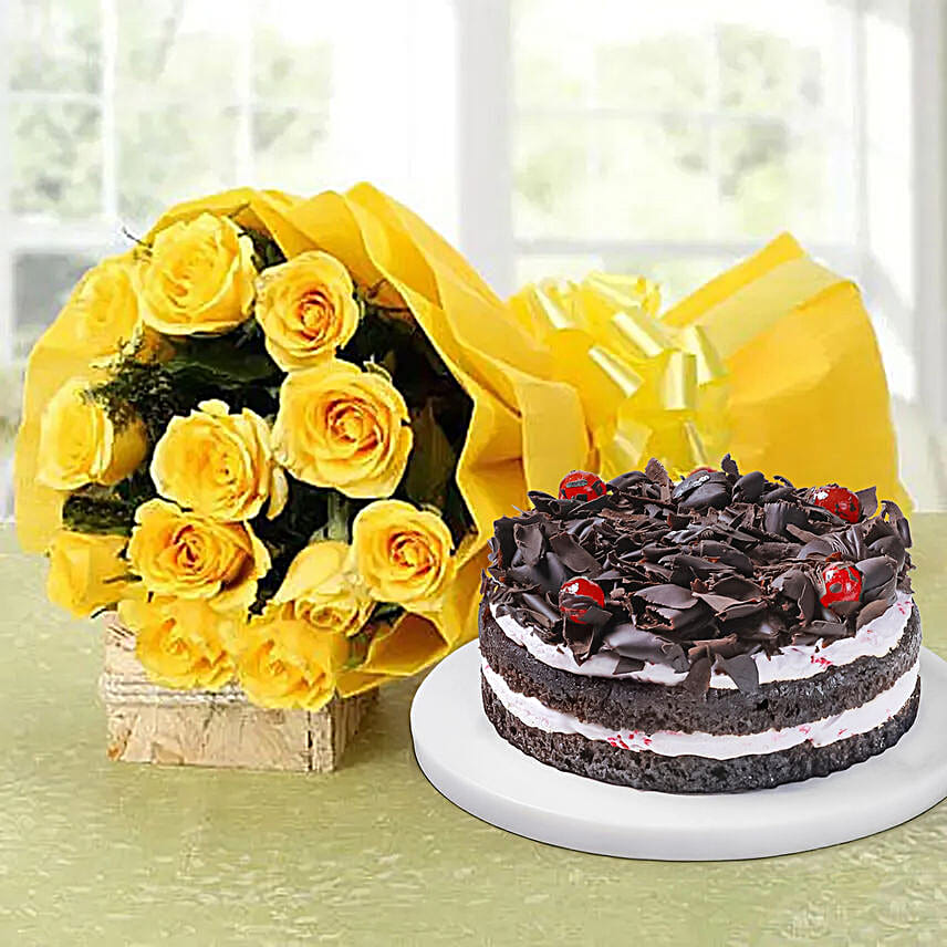 Perfect Combo To Gift - Bunch of 12 Yellow Roses with 500gm Blackforest Cake.