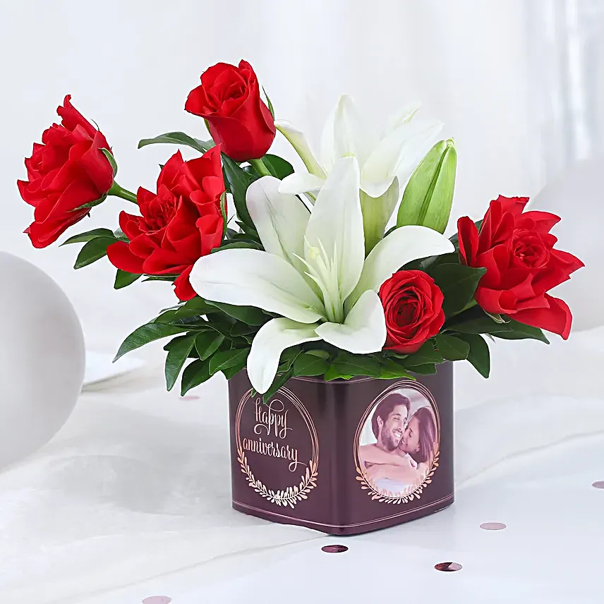 Personalised Anniversary Floral Vase N Chocolate Cake