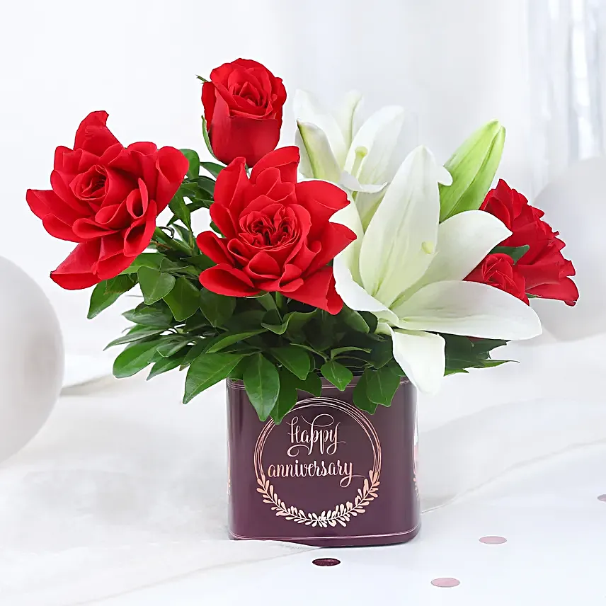 Personalised Anniversary Floral Vase N Chocolate Cake