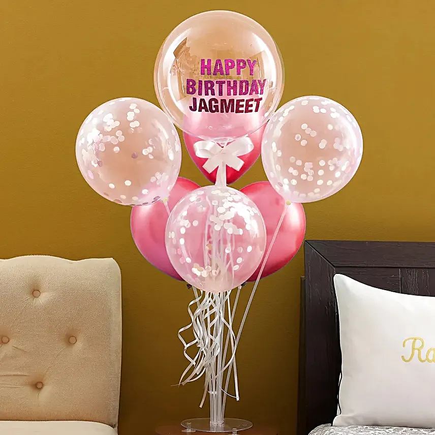 Personalised Glittery Birthday Balloon Bouquet Silver and Pink