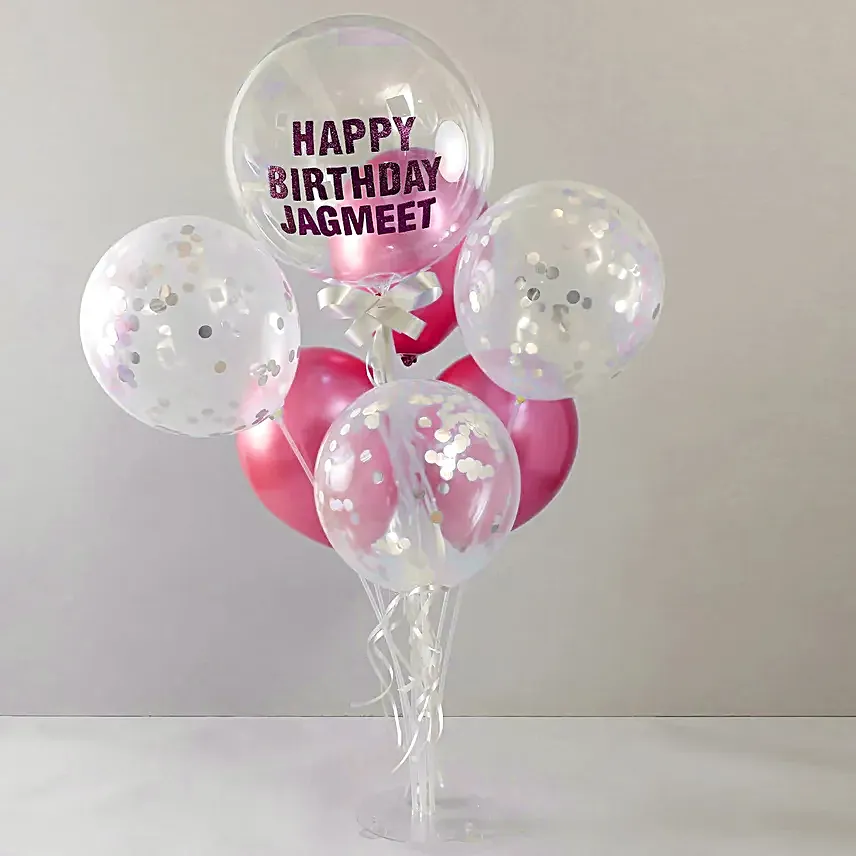 Personalised Glittery Birthday Balloon Bouquet Silver and Pink