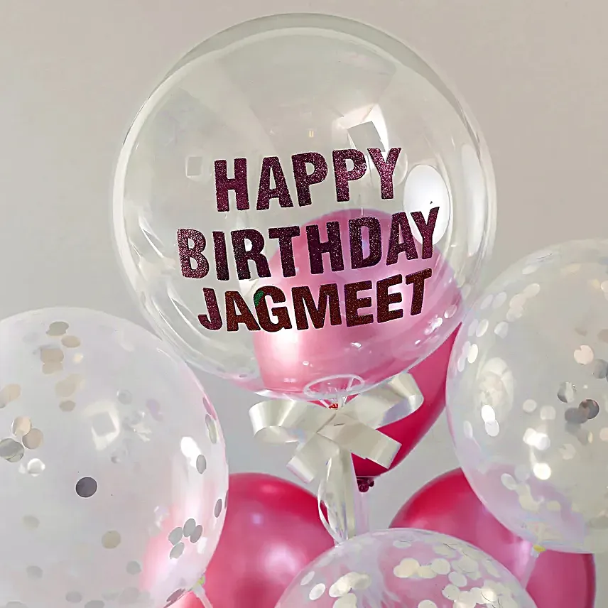 Personalised Glittery Birthday Balloon Bouquet Silver and Pink