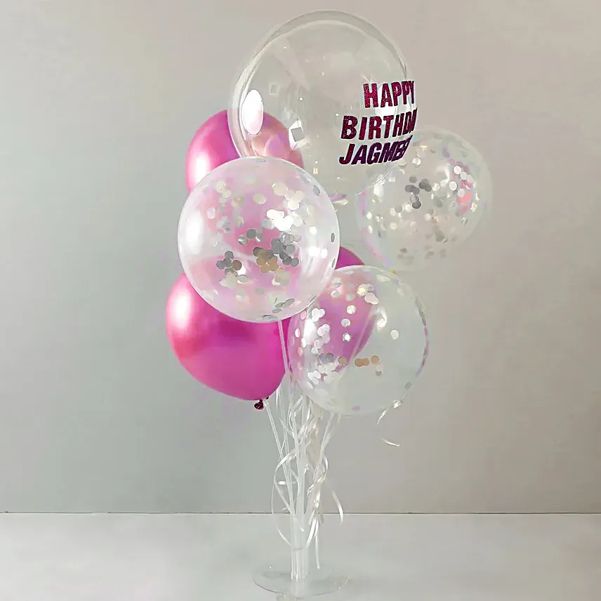 Personalised Glittery Birthday Balloon Bouquet Silver and Pink