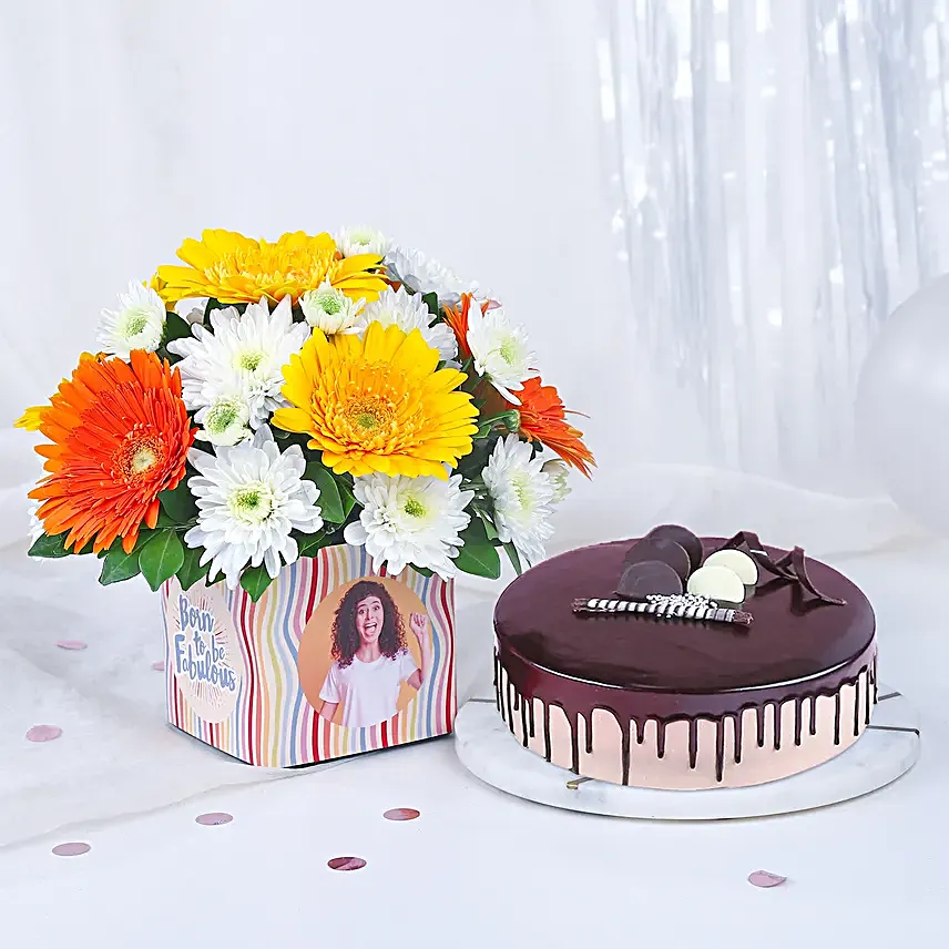 Personalised Photo Floral Vase N Chocolate Cake