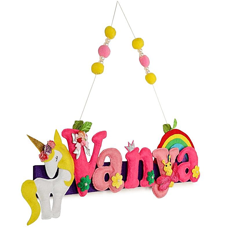 Personalised Unicorn Theme Hanging Name Plate 6 Letter Name