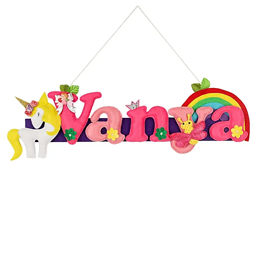 Personalised Unicorn Theme Hanging Name Plate 6 Letter Name