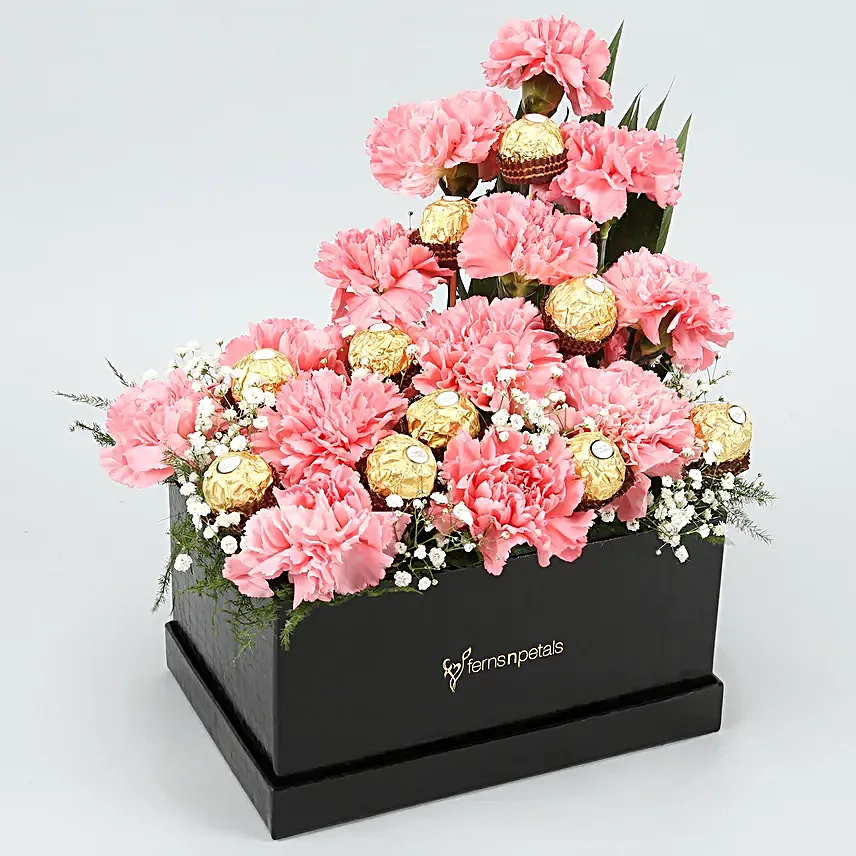 Pink Carnations Ferrero Rocher Arrangement In FNP Box