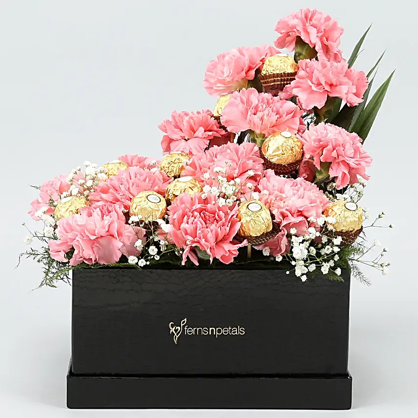 Pink Carnations Ferrero Rocher Arrangement In FNP Box