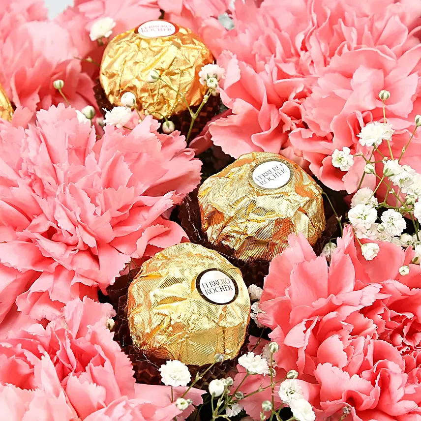 Pink Carnations Ferrero Rocher Arrangement In FNP Box