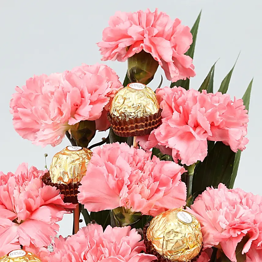 Pink Carnations Ferrero Rocher Arrangement In FNP Box