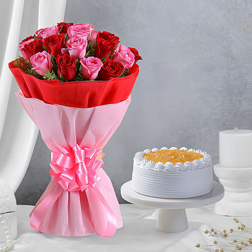 Pink N Red Roses & Pineapple Cake Combo