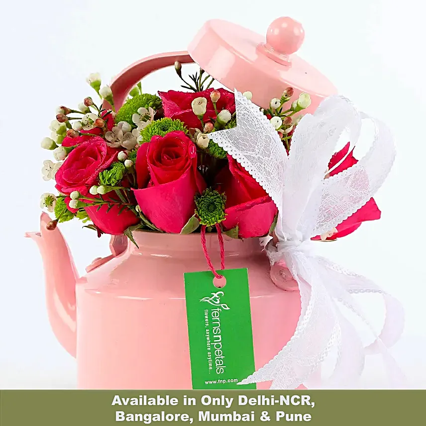 Buy Online Pink Rose Tea Pot Arrangement