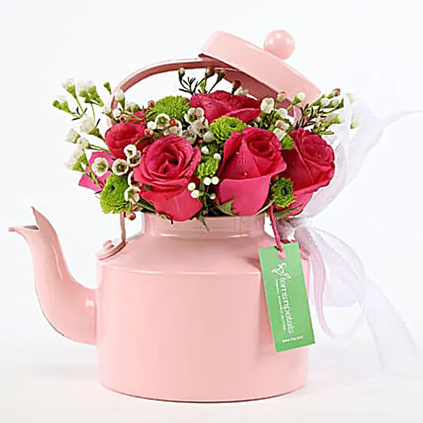 Buy Online Pink Rose Tea Pot Arrangement