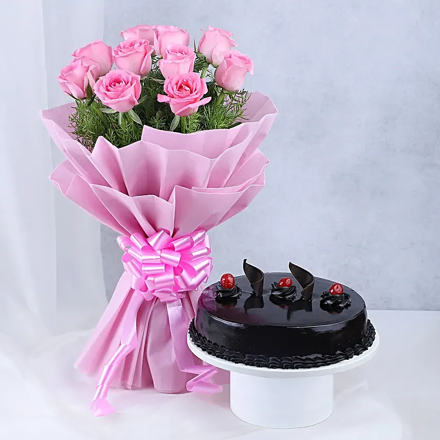 Pink Roses with Cake - Bouquet of 10 pink roses with in paper packing and 500 grams of chocolate truffle cake.
