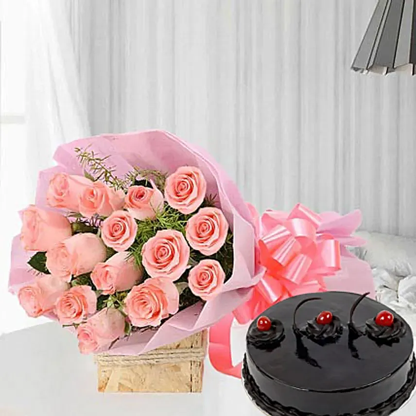 Pink Roses with Cake - Bouquet of 10 pink roses with in paper packing and 500 grams of chocolate truffle cake.
