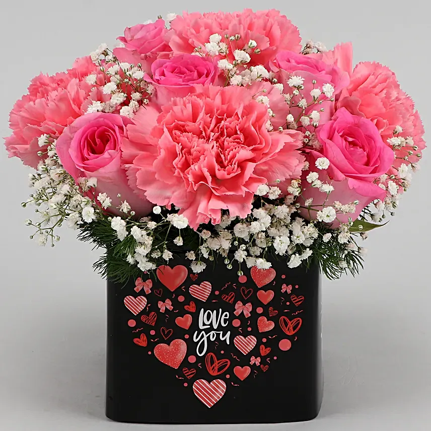 Pink Roses And Carnations In Love You Sticker Vase