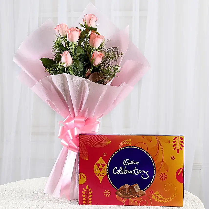 Pink Roses N Chocolates - Bunch of 6 Pink Roses with Cadbury Celebration Pack 119gms. choclates womens day women day woman day women's day