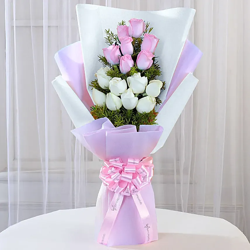 Pink and White Roses Bouquet with Cake Combo