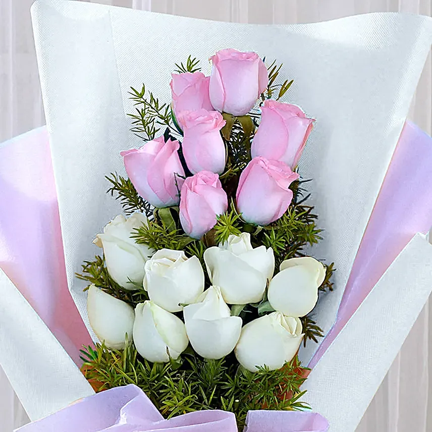 Pink and White Roses Bouquet with Cake Combo