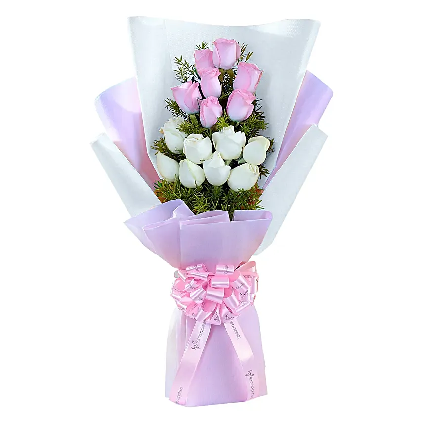 Pink and White Roses Bouquet with Cake Combo