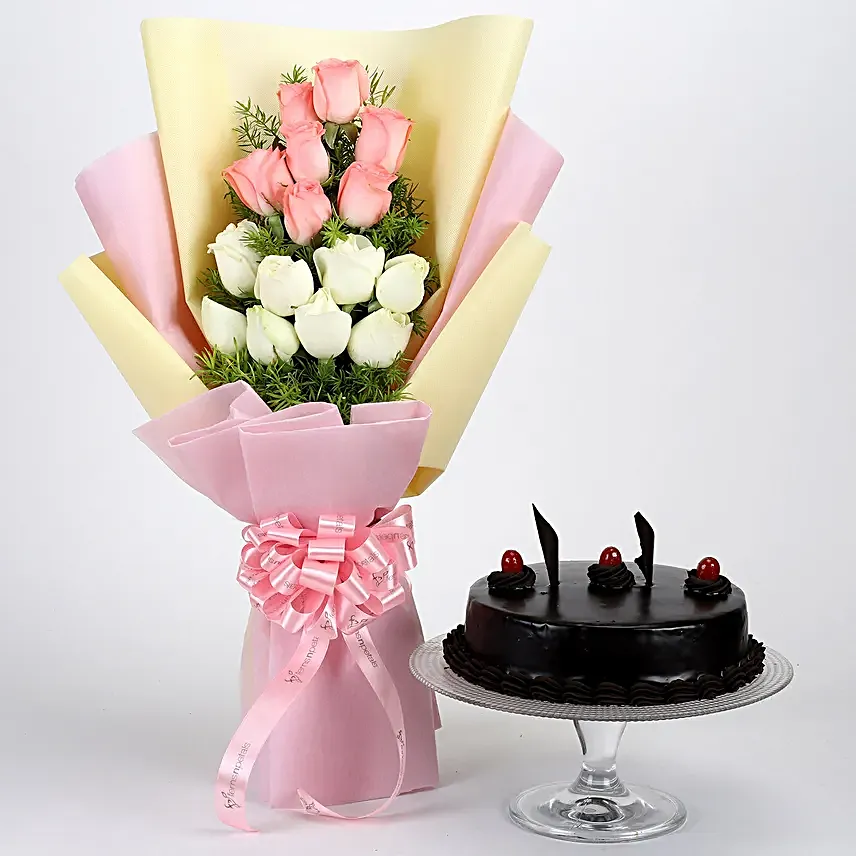 Pink and White Roses with Truffle Cake Online