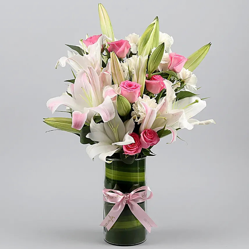 Premium Mixed Flowers Glass Vase Arrangement