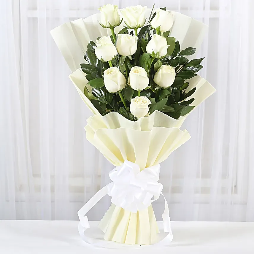 Purity - Bunch of 10 White Roses in paper packing. gifts