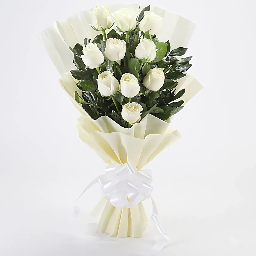 Purity - Bunch of 10 White Roses in paper packing. gifts