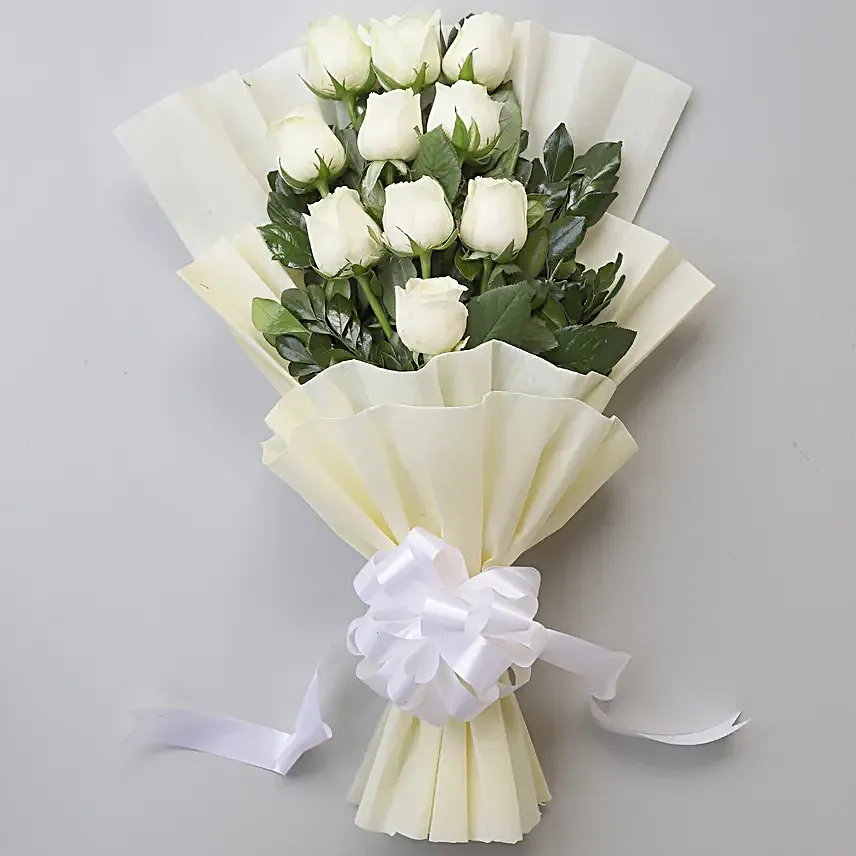 Purity - Bunch of 10 White Roses in paper packing. gifts