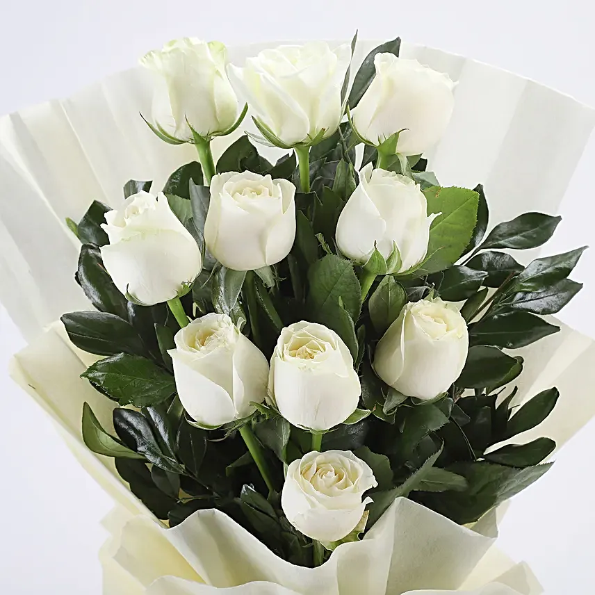 Purity - Bunch of 10 White Roses in paper packing. gifts