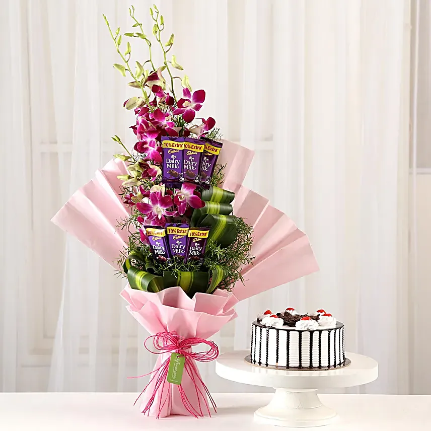 Online Dairy Milk Orchids Bouquet And Black Forest Cake