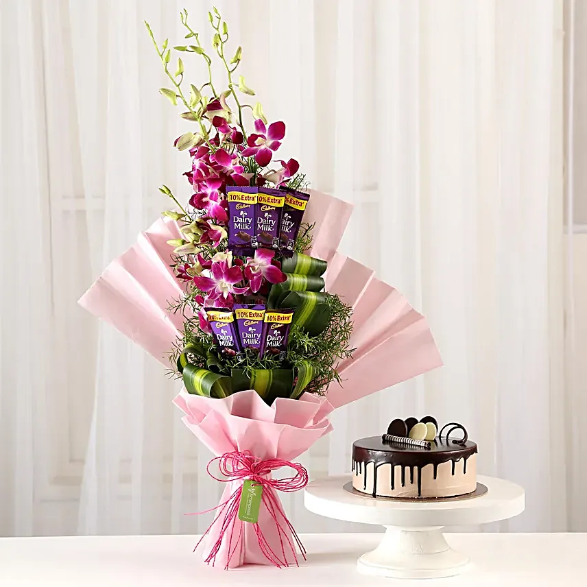 Online Dairy Milk Orchids Bouquet And Chocolate Cake