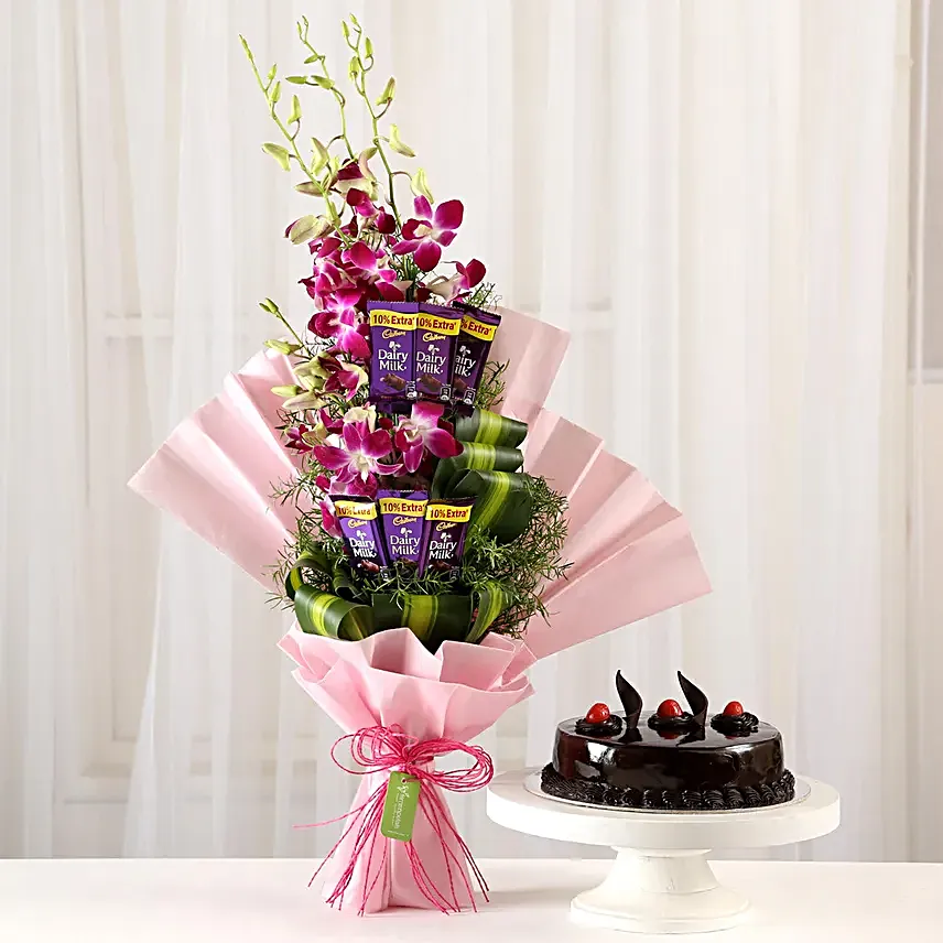 Online Dairy Milk Orchids Bouquet And Truffle Cake