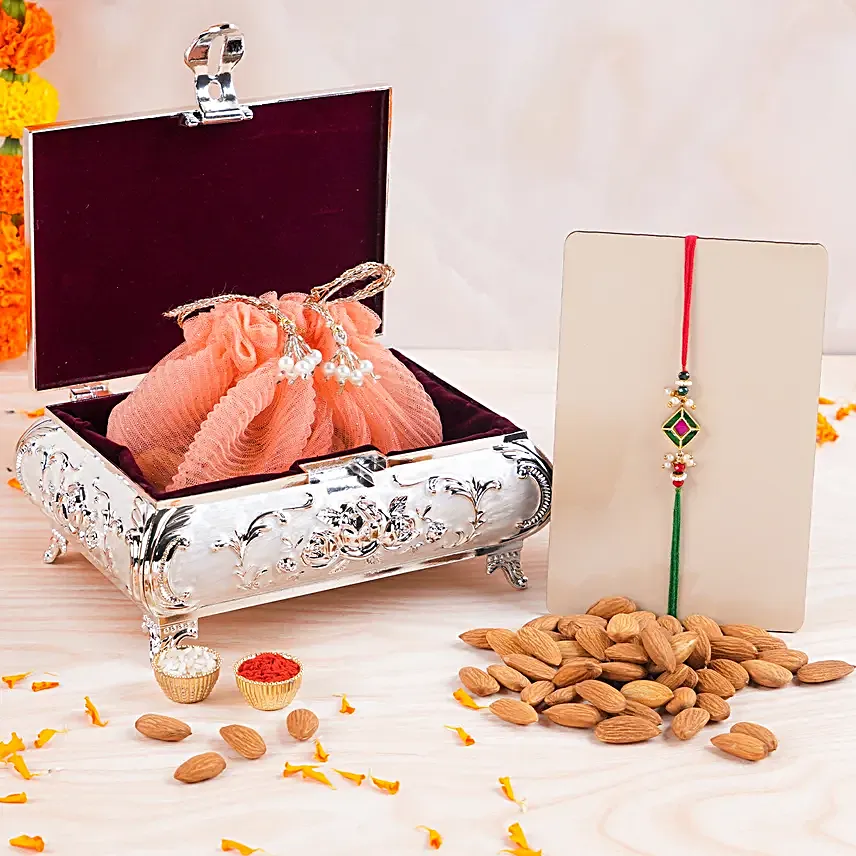 Raksha Tilak Pearl Rakhi N Almonds Silver Trunk Box
