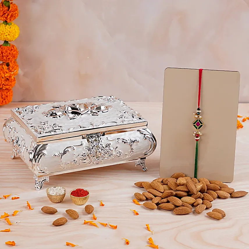 Raksha Tilak Pearl Rakhi N Almonds Silver Trunk Box