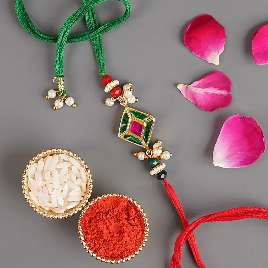 Raksha Tilak Pearl Rakhi N Almonds Silver Trunk Box