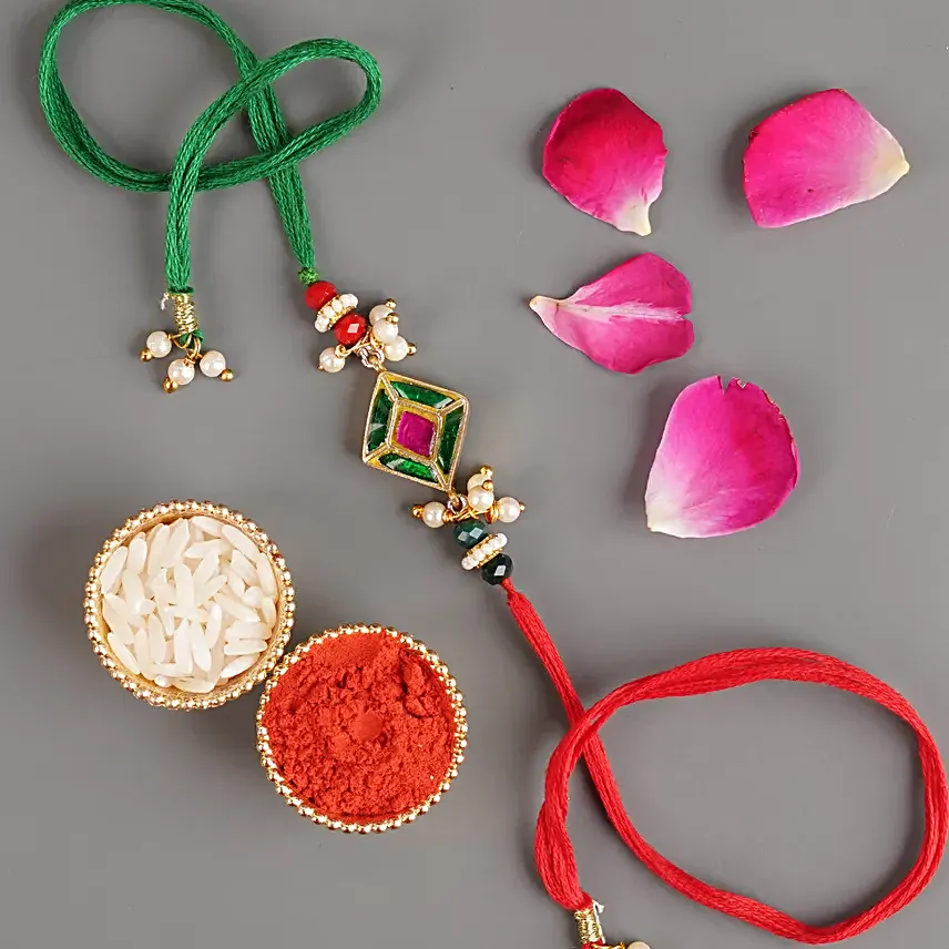 Raksha Tilak Pearl Rakhi N Almonds Silver Trunk Box