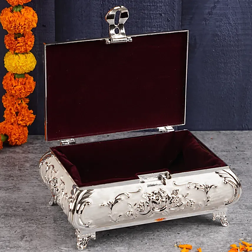 Raksha Tilak Pearl Rakhi N Almonds Silver Trunk Box