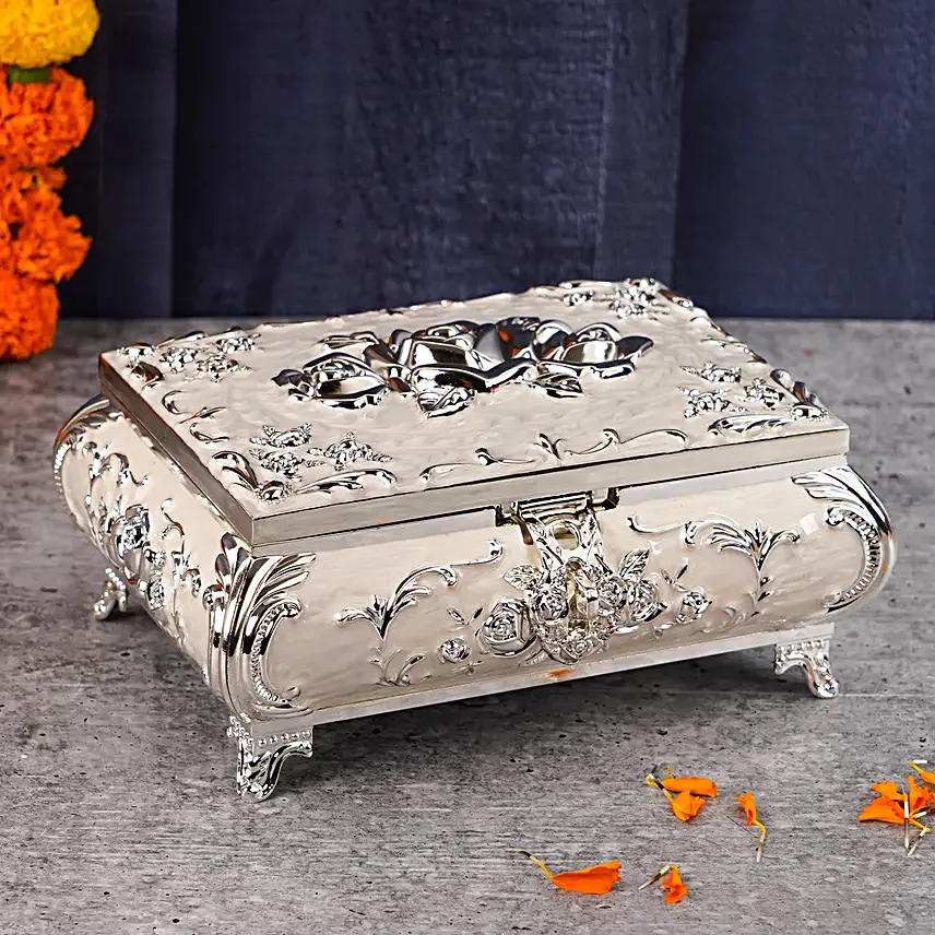 Raksha Tilak Pearl Rakhi N Almonds Silver Trunk Box