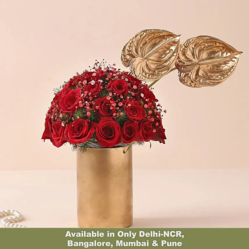 Ravishing Red Roses N Anthuriums Cylindrical Vase
