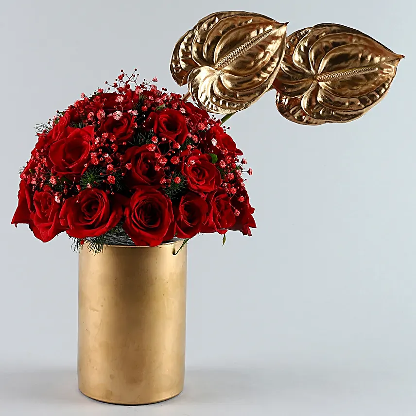 Ravishing Red Roses N Anthuriums Cylindrical Vase