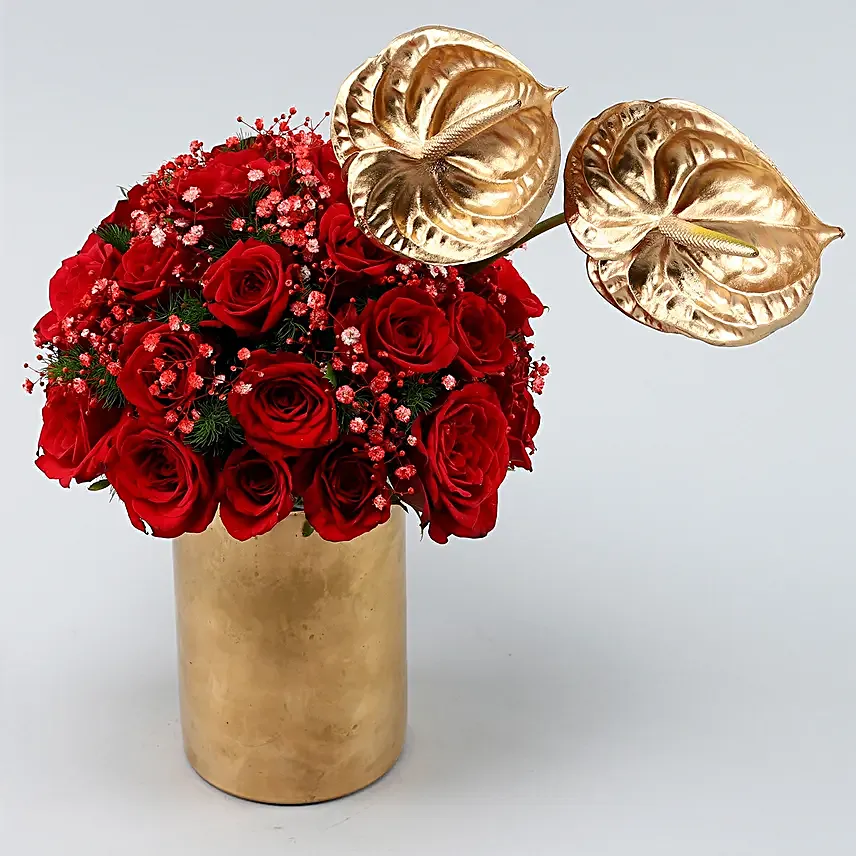Ravishing Red Roses N Anthuriums Cylindrical Vase