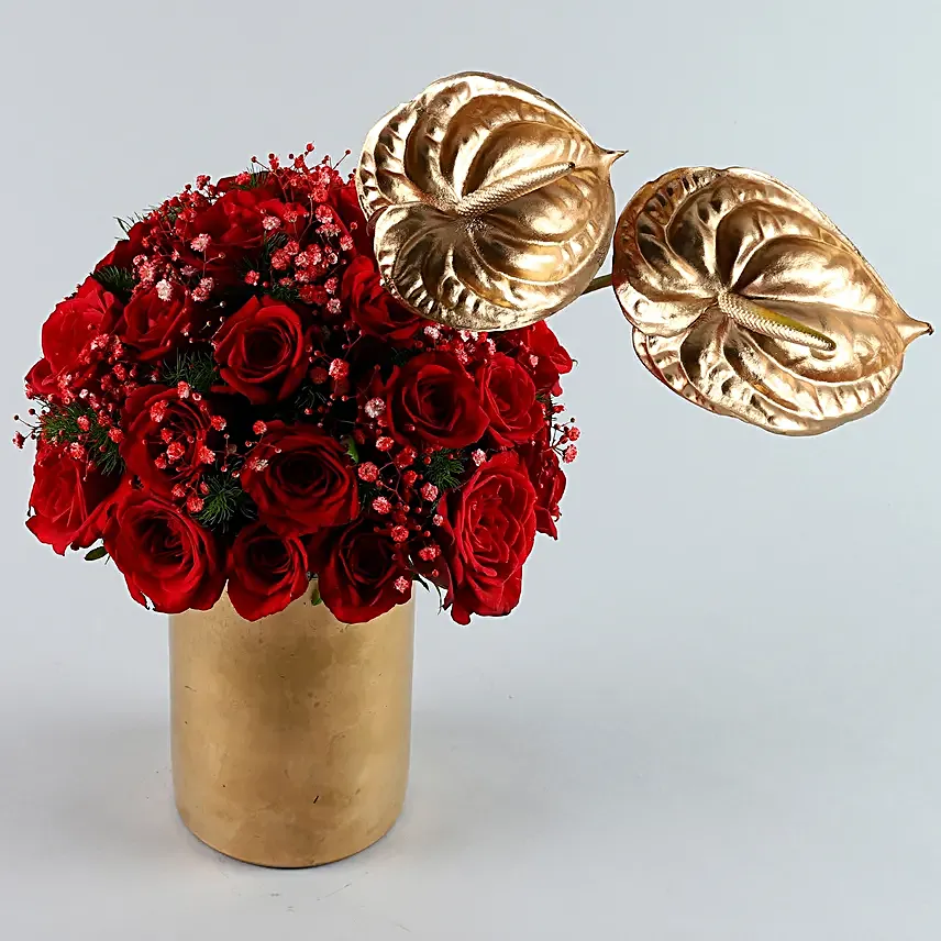 Ravishing Red Roses N Anthuriums Cylindrical Vase