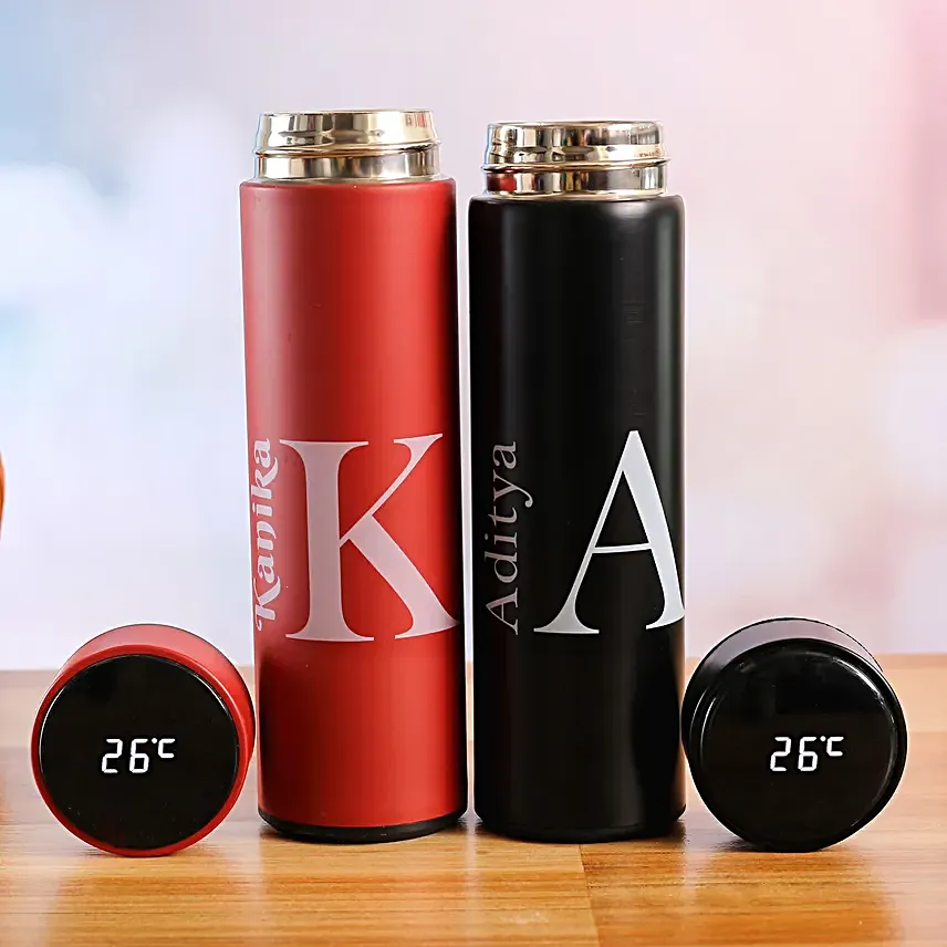 Red and Black Personalised LED Temperature Bottles