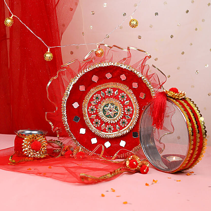 Red Karwa Chauth Pooja Thali Set