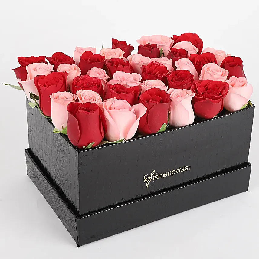 combo of 2 roses in black box arrangement